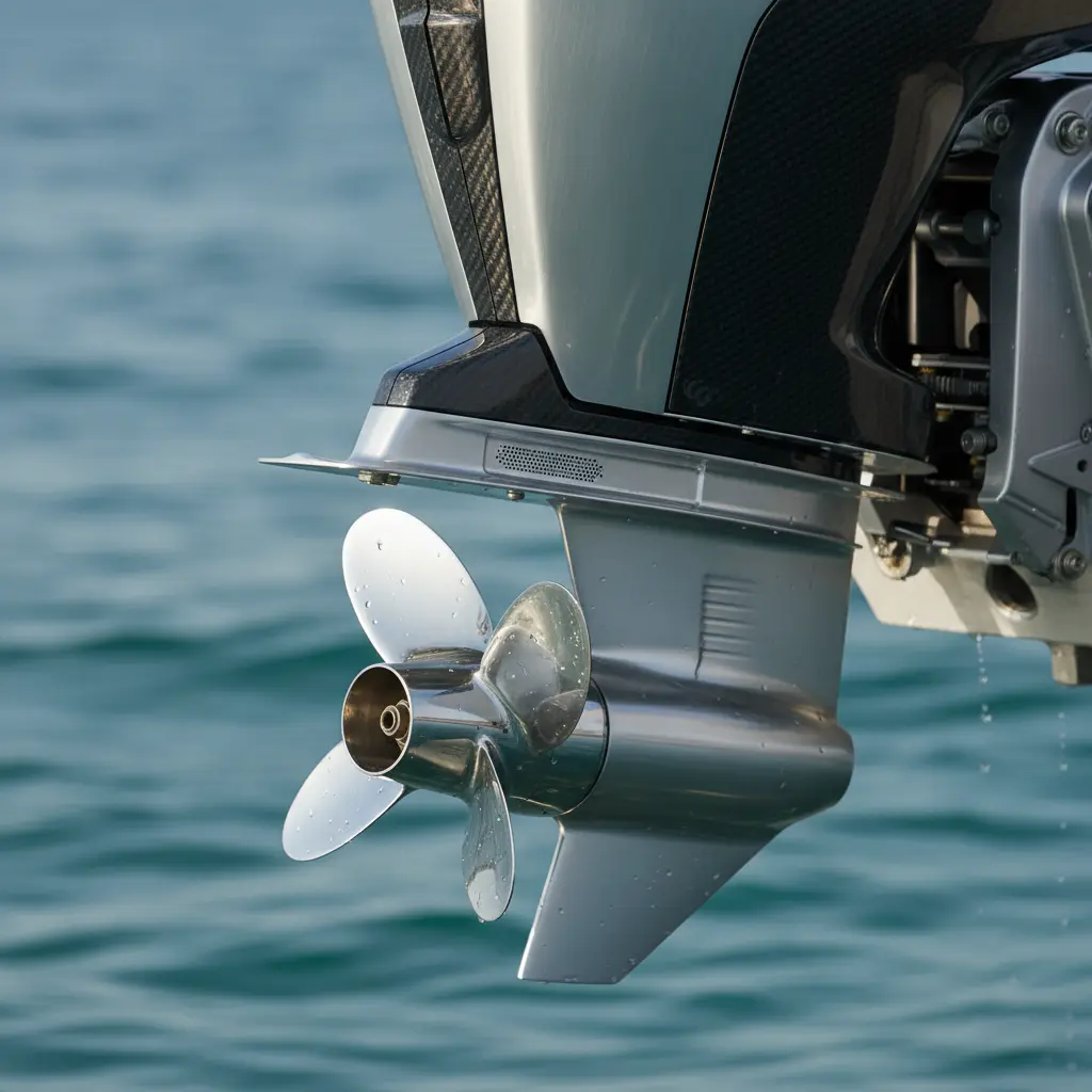 Close-up of powerful outboard engine mounted on new fiberglass motorboat