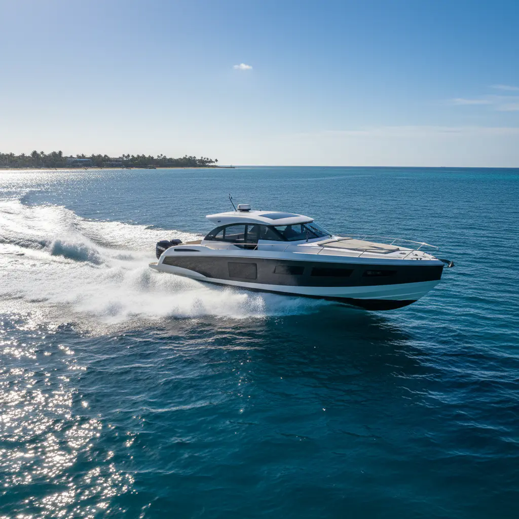 Speed boat cutting through water on a sunny day